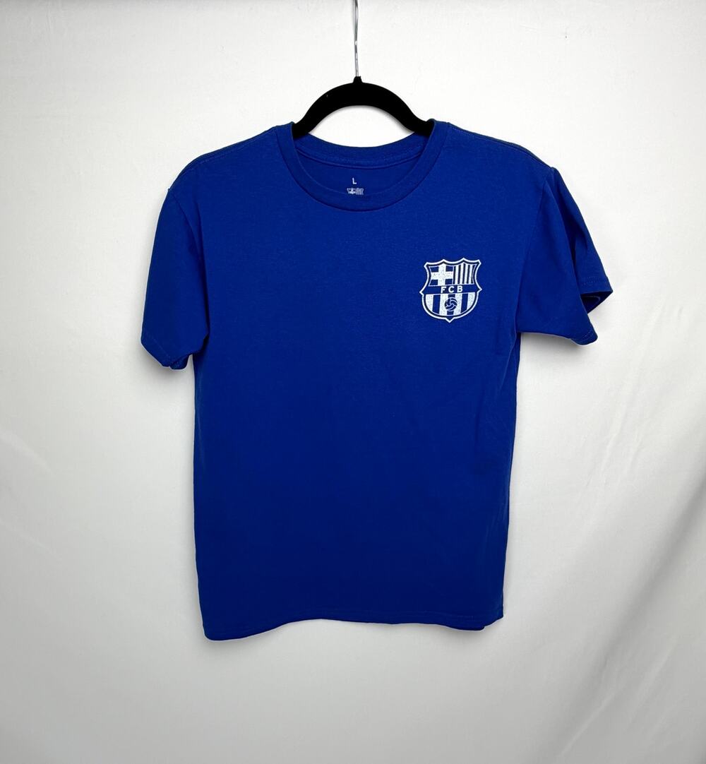 FC Barcelona Lewandowski #9 Youth T Shirt Blue Soccer Football Kids Size L Tee